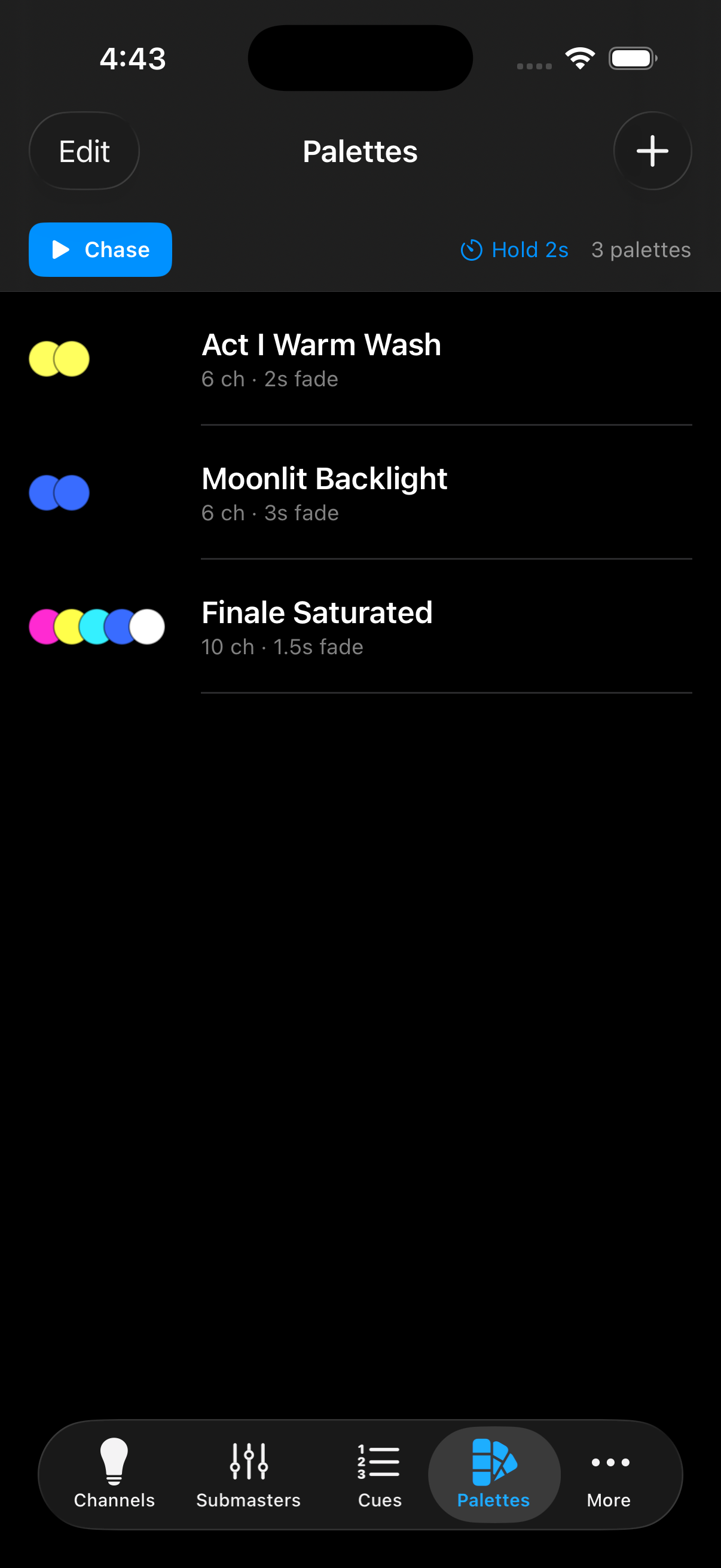 LumenDMX Palettes screen showing saved looks and chase controls